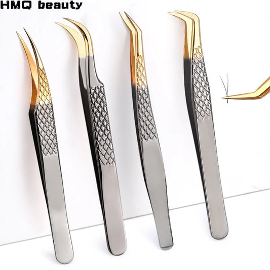 100% Closed High Quality Premium Black-Gold Eyelashes Tweezers Hand Anti-slip Design 3D 6D Lashes Extensions Makeup Tools